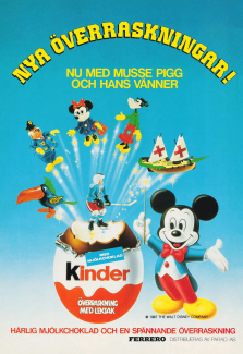 Reklam för att man nu kan få Musse och hans Disney-vänner som överraskning i Kinder-ägg