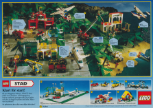 Annons för ett dussin nya LEGO-byggsatsar, här uppställda som om det vore i staden Palma med flygplats, brandbilar och båtar