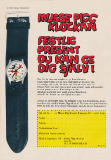 Reklam för möjligheten att köpa ett armbandsur med Musse Pigg på urtavlan via postorder