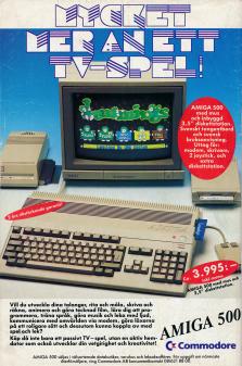 Reklam för Amiga 500 där man får se datorn och skärm där spelet Lemmings visas upp