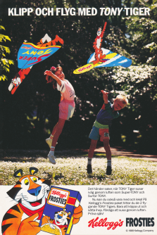 Reklam för frukostflingan Frosties där man upplyses om att man kan klippa i matkartongen och göra det till en drake