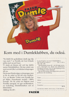 Annons för Dumleklubben där artisten Pernilla Wahlgren håller i en stor Dumleklubba och ser glad ut