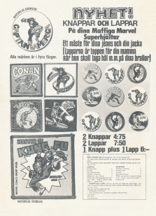 Reklam för tyglappar och knappar med bilder av Marvels superhjältar