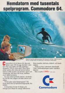 Reklam för hemdatorn Commodore 64 med två ungdomar som sitter och spelar spel på datorn