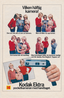 Reklam för Kodak Ektra, en liten och hantervänlig kamera med handtag