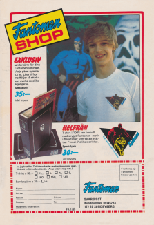 Annons för Fantomenklubbens samlarpärm och t-shirt, med en ung Fredde Granberg som modell för tishan