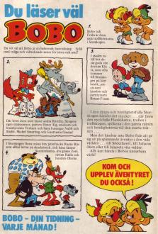 Reklam för serietidningen Bobo där alla de olika figurerna som lever i Storskogen presenteras