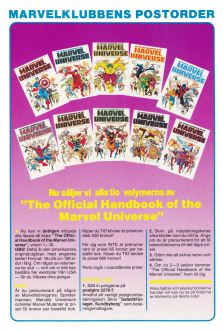 Reklam för Marvelklubbens postorder där man nu kan köpa The official handbook of the Marvel universe
