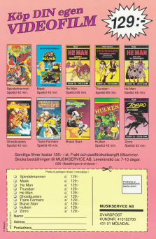 Reklam med 10 videofilmsomslag med möjligheten att köpa dessa på postorder