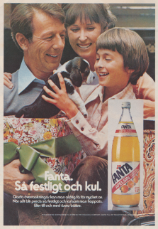Reklam för drycken Fanta med en pojke som får en valp av sin mamma och pappa