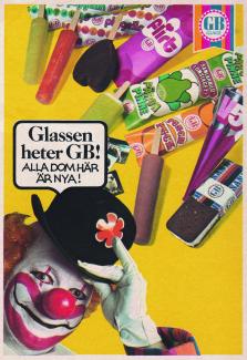 Annons för glass från GB - Glacebolaget - där en närmast läskig clown lyfter på hatten och erbjuder glassköp