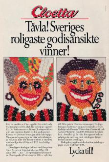 Tävlingsannons för Cloetta där två ansikten uppbyggda med godisbitar gör reklam för en tävling att göra Sveriges godaste godisansikte utifrån godisbitar från Cloetta