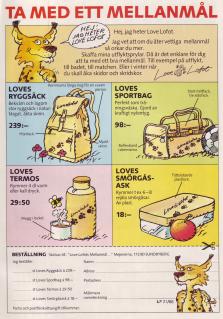 Annons för Mejeriernas maskot Love Lofot där man kan köpa väskor, termos och smörgåsask med Loves märken på
