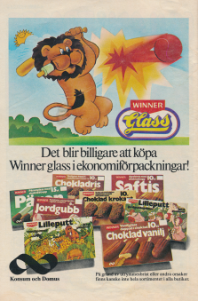 Reklam för Winner glass med ett tecknat lejon på en cykel samt olika glassförpackningar