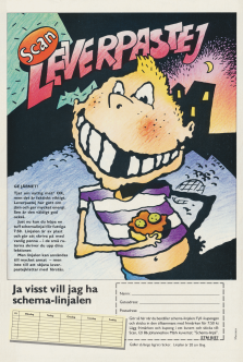 Reklam för Scans leverpastej där annonsen även lockar med att man kan köpa en linjal med möjlighet att skriva in sitt skolschema på