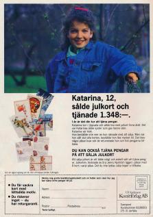 Reklam för att sälja julkort. En flicka vid namn Katarina poserar för kameran med information om hur man ska kunna sälja kort.