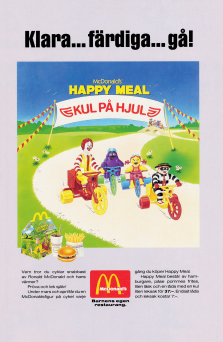 Reklam för Happy Meal från McDonalds som visar upp Ronald McDonald och hans kompisar på olika cyklar