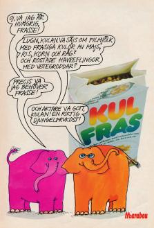 Reklam för frukostflingan KulFras där två tecknade elefanter berättar vad flingorna är gjorda av