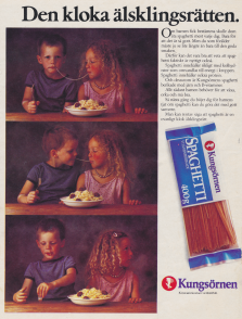 Reklam för spaghetti från Kungsörnen med tre bilder som hämtat inspiration från en klassisk scen från filmen Lady & Lufsen