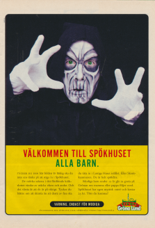 Annons för Spökhuset på Gröna Lund med ett foto av en sminkad och spök-utklädd skådespelare.
