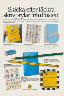 Reklam för olika skrivprylar som man kan skicka efter per postorder från Posten