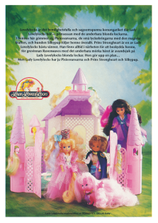 Reklam för Lady Lovely Locks med en bild av ett slott och tre dockor från leksakersserien