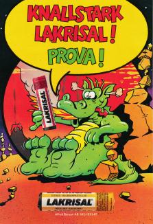 Reklam för godiset Lakrisal med en tecknad drake som säger "Knallstark Lakrisal! Prova!"