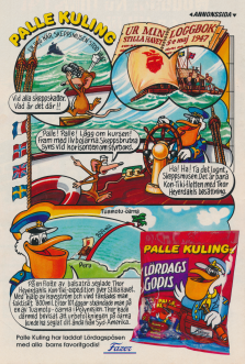 Reklam för Palle Kulings lördagsgodispåse där man får fakta om selgaren Thor Heyerdahl