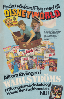 Reklam för en tävling arrangerad av Wahlströms bokförlag där man kan vinna en resa till Disneyworld