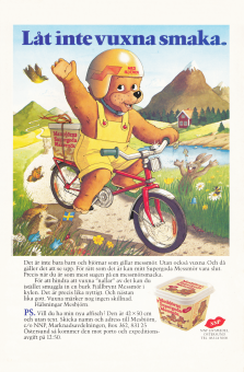 Reklam för messmör där maskoten Mesbjörn kommer cyklande på en grusväg med en förpackning messmör på pakethållaren