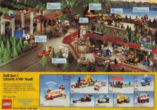 Reklam för LEGO där man ser ett uppbyggt landskap med olika modeller med en biltävling i centrum av bilden