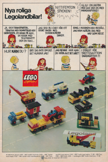 Reklam med en liten seriestripp som reklam för nya leksaksmodeller från Lego System