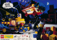 Actionfylld reklam för LEGO med figurer och byggsatser som hör till serien Lego Light & Sound