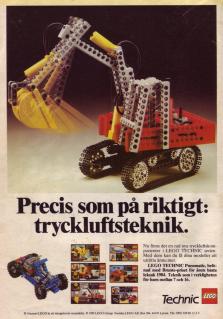 Annons för LEGO Technics med bild på olika förpackningar samt en ihopbyggd grävskopa