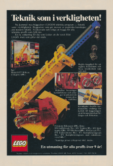 Reklam för Legos tekniska program där du kan bygga en kran eller gaffeltruck