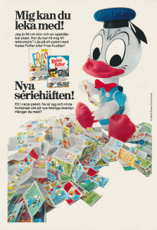 Reklam för Fraskuddar och Kalas puffar där man kan få en uppblåsbar Kalle Anka