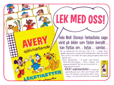 Annons för leksetiketter från Avery med motiv från Disney