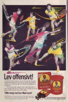 Reklam för russinprodukten Sun-Maid där en illustration av Stefan Edberg menar att det är ett bra mellanmål