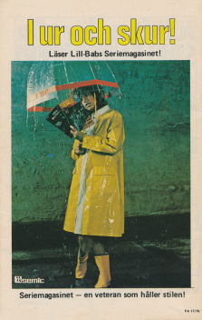 Internreklam för Seriemagasinet där Lill-Babs iförd regnrock läser serietidningen
