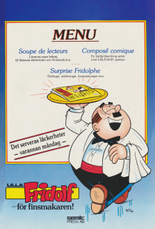 Reklam för serietidningen Lilla Fridolf med en bild på Fridolf som en servitör, som kommer gåendes med tidningen på ett guldfat