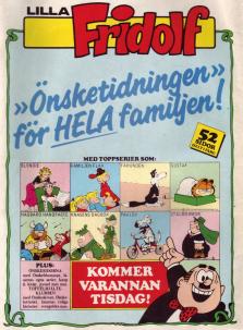 Reklam för serietidningen Lilla Fridolf som visar upp de serier som man kan läsa i tidningen, förutom Lilla Fridolf