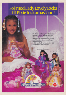 Reklam för Lady Lovely Locks och de små Pixie-djuren med sina långa, lockiga svansar som du kan sätta i ditt eget hår eller på dockorna.