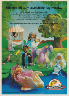 Reklam för dockorna Lady Lovely Locks där man ser ett antal uppställda dockor vid en sjö