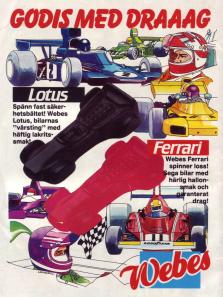 Reklam för godiset Lotus och Ferrari från Webes med flera illustrationer av racingbilar