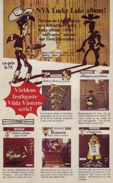 Reklam för fem nya seriealbum med cownoyhjälten Lucky Luke