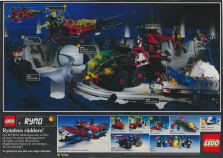 Reklam för nyheter hos LEGO, där rymdserien M:TRON är temat i annonsen. Flera olika byggsatser visas upp, bland annat en häftig monorailbana