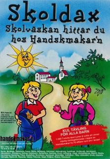 En ritad reklam för skolväskor från Handskmakar'n med två skolbarn som är på väg till skolan