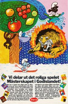 Reklam för spelet Godislandet från Ahlgrens där annonsen visar upp alla tablettaskar från Ahlgrens samt en illustration från brädspelet