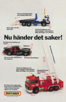 Annons för Matchbox leksaksbilar där det går att vrida på saker och trycka på knappar också händer det saker