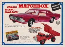 Leksaksbilstillverkaren Matchbox visar upp en K-21 Mercury Cougar och en lastbil i annons i serietidningen Kalle Anka från 1969